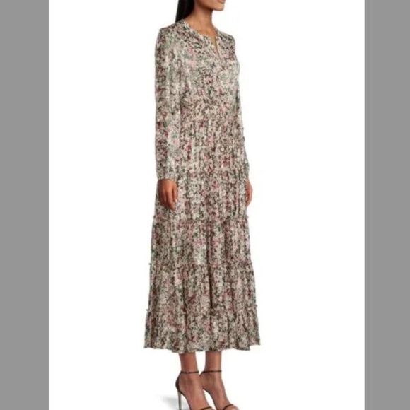 ELIE TAHARI Abstract Floral Tiered Maxi Dress Medium Pink Green Long Sleeve Glam - Picture 13 of 15